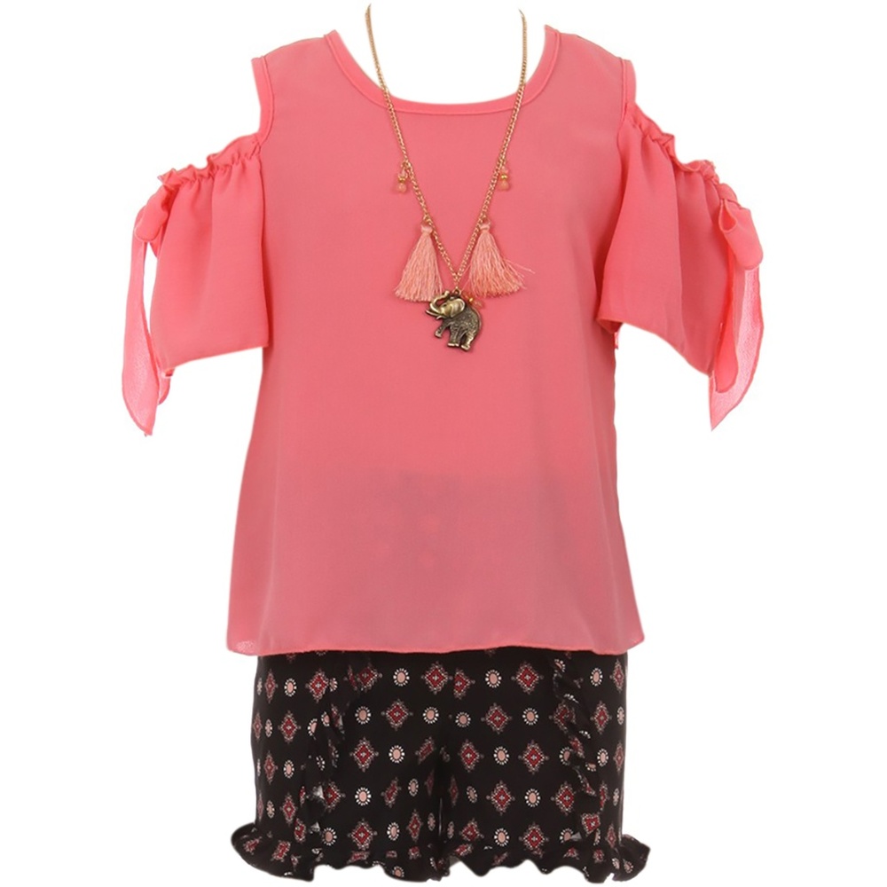 Cold Shoulder Top Short Pant Girl Set Coral